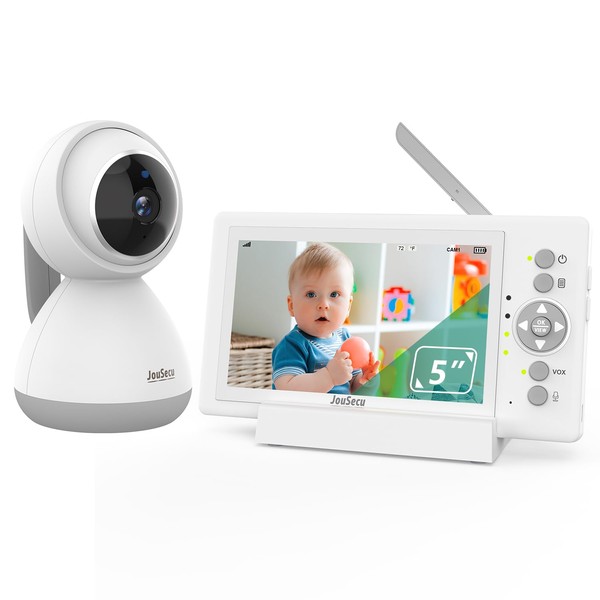 JouSecu Baby Monitor Camera with 29Hours Battery Life, Pan-Tilt-Zoom Video Baby Monitor with Camera and Audio 5 Inch Large Screen, No WiFi, Temperature Monitoring, 2 Way Talk Back, Power Saving