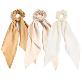 LFOUVRE LFOUVRE 3PCS Hair Scarf Scruncheis for Women Knotted Bow Hair Ties Elastic Bands Satin Hair Ribbon Scrunchy Red Ponytail Holder for Women and Girls (Camel Apricot Ivory)