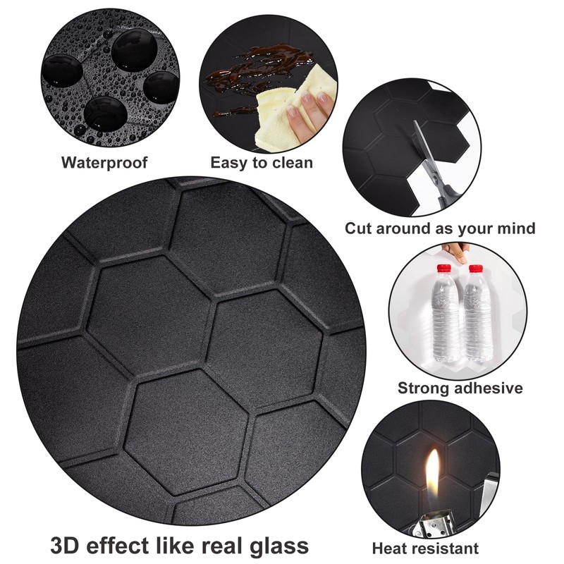 WalDecoo Matte Black Hexagon Peel and Stick Wall Tiles for