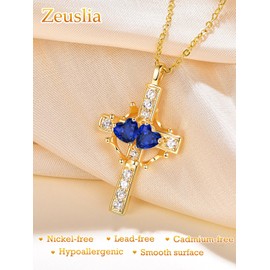Birthstone Cross Necklace with Crown Sterling Silver Sapphire Jewelry September Birthstone Pendant Cross and Crown Necklace for Women Anniversary Birthday Jewelry Gifts for Women