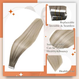 Full Shine Tape in Hair Extensions Human Hair 18 Inch Color 19/8/60 Grey Ombre Balayage Ash Brown and Platinum Blonde Hair Extensions for Women 20 Pieces 50 Grams