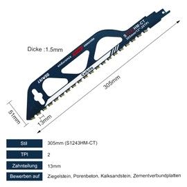 LAIWOO 2 x Reciprocating Saw Blades, Carbide Steel Saw Blades, Reciprocating Saw Blades Stone, Saw Blade Aerated Concrete, Accessories Reciprocating Saw for Aerated Concrete for Einhell, Dewalt, Bosch