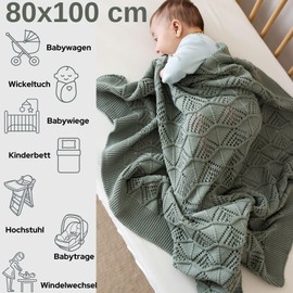 Little Dedi Emily Design 100% Organic Cotton Baby Blanket 80 x 100 cm Dark Green - GOTS Certified, Soft Swaddling Cloth, 80 x 100 cm, Gender Neutral, Newborn Cuddly Blanket