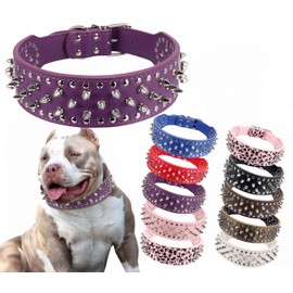 BTDCFY Hoot PU Leather Adjustable Spiked Studded Dog Collar 2" Wide 43 Spikes (L(Neck 21"-24"), Purple)