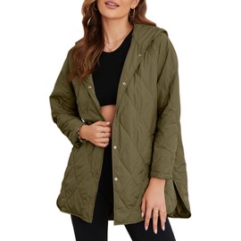 EVALESS Winter Coats for Women Diamond Quilted Jackets Green Long Sleeve Button Down Puffer Jacket Warm Winter Outfits Business Casual Clothes for Women Fashion 2024 Down Jacket with Pockets, X-Large