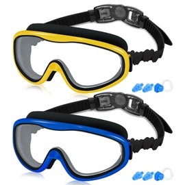 COOLOO Kids Swim Goggles for Age 3-15, 2 Pack Kids Goggles for Swimming with Nose Cover, No Leaking, Anti-Fog, Waterproof, Black Yellow+Black Blue
