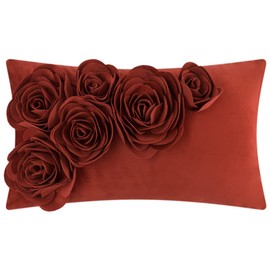 JWH 3D Flower Throw Pillow Cover Decorative Handmade Floral Pillow Case Soft Velvet Pillowcase Lumbar Cushion for Bed Living Room Chair Couch Decor Shams 12x20 Inch Rust Red
