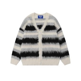 Aelfric Eden Color Blocking Striped Fuzzy Cardigan Casual Crewneck Vintage Oversized Button Down Knit Sweater Black