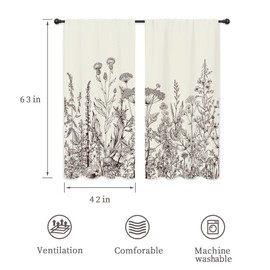Riyidecor Rustic Flower Floral Plant Curtains Black White Leaf Rod Pocket Vintage HerbsWomen Wildflower Blossom Botanical NatureClassic Bedroom Living Room Treatment Fabric 2 Panels 42 x 63 Inch
