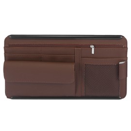 X AUTOHAUX Brown Universal Car Sun Visor Organizer Sunglasses Case Storage Pocket Hook and Loop Tape ABS PU Leather for SUV RV Truck