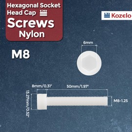 Kozelo 20pcs Socket Head Cap Screws - [M8-1.25 x 50mm] Nylon Hexagon Socket Head Cap Screw Plastic Allen Bolts for Device Fixing Mould Manufacturing Use, White