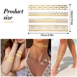 HOWAF 8 Sheets Gold Tattoos Temporary Metallic Tattoos, Gold Temporary Tattoos Paper Mandala Lace Festival Tattoo Stickers Flash Fake Tattoo Kit Waterproof Temporary Tattoos for Women Girls Body Art
