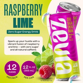 Zevia Zero Sugar Energy Drink, Raspberry Lime, 12 oz Cans (12-Pack) – Naturally Sweetened, Zero Calorie Sugar Free Energy - Non-GMO Project Verified, Gluten-Free, Vegan