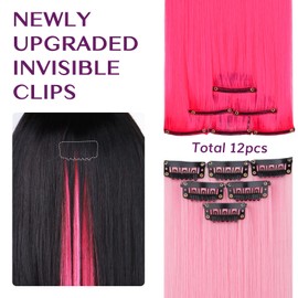 IDN BEAUTY Colored Clip in Hair Extension, 12PCS Pink Hot Pink 24Inch Multicolored Deep Purple Mix Synthetic Hair Pieces for Women Kids Girls, Hair Accessories for Party Cosplay Travel Birthday