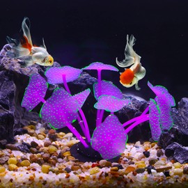 VOCOSTE Soft Silicone Glowing Aquarium Mushroom Coral, Fluorescence Aquatic Artificial Coral for Fish Tank Decoration, Purple