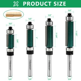 Knoweasy 4Pcs Flush Trim Router Bit Set with Top and Bottom Bearing, 1/4 Inch Shank for Smooth Woodworking, Includes 1/2 Inch Cutting Diameter Bits with 3/4, 1, 1-1/4 and 1-1/2 Inch Cutting Length for
