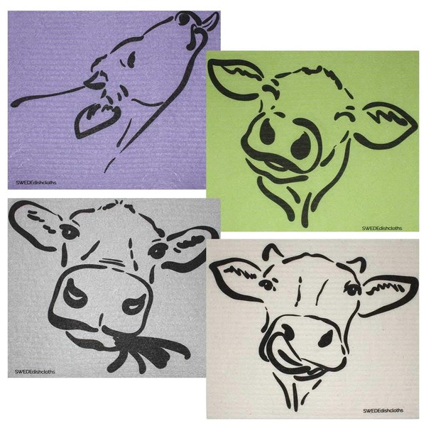 SWEDEdishcloths Mixed Cow Silhouettes Set of 4 cloths (One of each design) | ECO Friendly Reusable Absorbent Cleaning Cloth