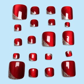 Red Press on Toenails Short Square Fake Toenails with Silver Glitter Design Summer False Toenails Glossy Wine Red Stick on Toenail Reusable Full Cover Toenail for Women Girls Manicure 24Pcs