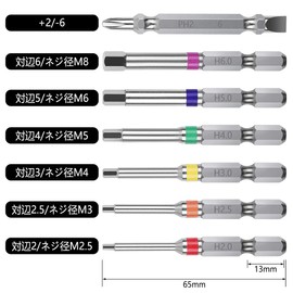 XMSSAA BRT-714 Hex Bit Set, Single Headed, Hex Bit Set, 2.6 inches (65 mm), Opposite Side 0.1 inch (2/2.5/3/4/5/6 mm), Magnetic Bit, Electric Driver Bit, 0.25 inch (6.35 mm) Hex Shaft, Impact