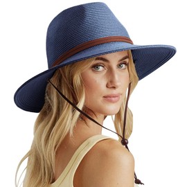 DRESHOW Womens Summer Straw Sun Hat Wide Brim Bucket Hats Fedora Hats Panama Beach Hat with Chin Strap UPF 50+