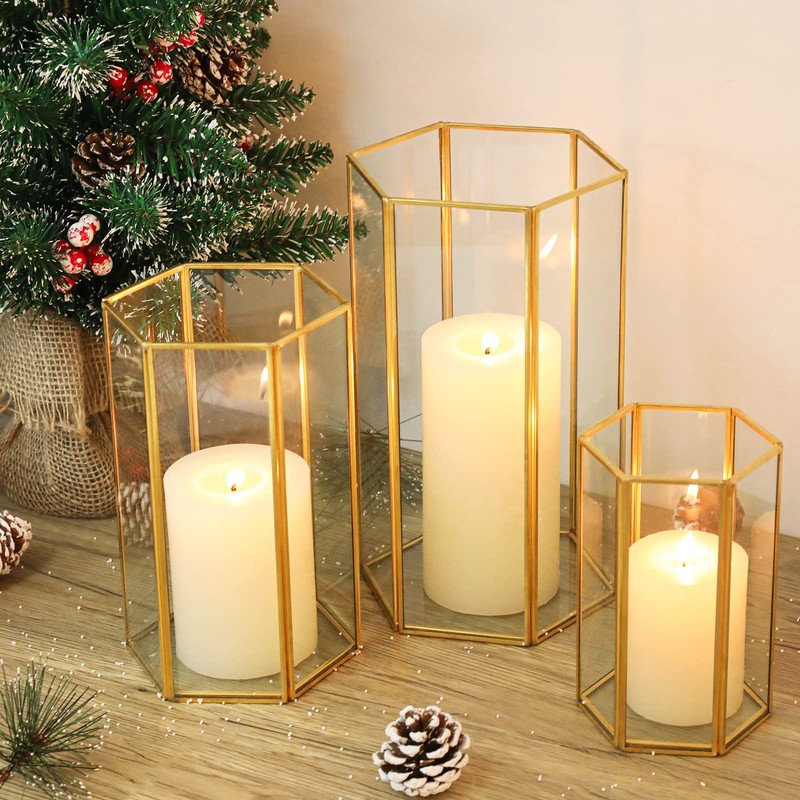 Glass Hurricane Candle Holder, Set of 3 Large Clear Hexagon
