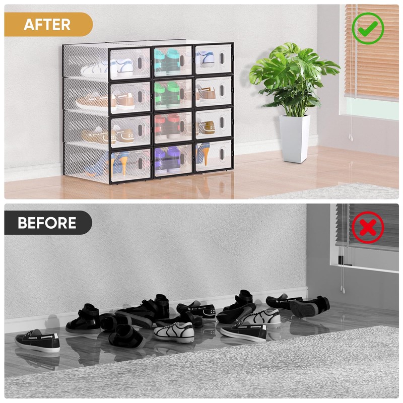 BALEINE 12 Pack Stackable Shoe Storage Boxes Fit Size 9,