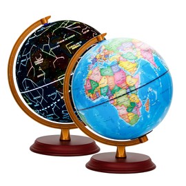 Exerz Illuminated World Globe 20cm Wooden Base - French Map - Political Map (Day) - Constellation (Night) - Lightup LED Lamp - Fun And Educational, Home And School