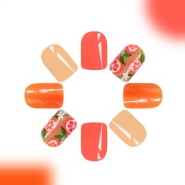 Fall Short Press on Nails Square Colorful Fake Nails Oil Painting Style Acrylic Nails Press ons Orange Glitter Glue on Nails Flower Orange Full Cover Stick on Nails for Women 24 Pcs