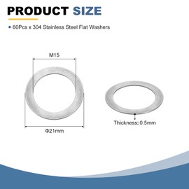 sourcing map 60Pcs 304 Stainless Steel Flat Washers, M15x21x0.5mm Ultra Thin Flat Spacers, Flat Ring Fasteners for Bolts Screws, Electronic Repair, Automotive, Mechanical Industry