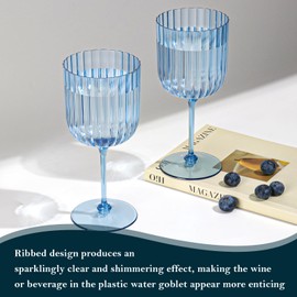 24 PCS Plastic Ribbed Wine Glasses 11oz Blue Detachable Wine Goblet Vintage Ripple Water Goblets Cocktail Drinking Cups for Parties Weddings Poolside Outdoors