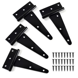 4pcs T Gate Door Hinges, 3inch Black Garden Gate Shed Hinges Heavy Duty Metal T Strap Tee Hinge with Screw for Wooden Shed Gates Barn Windows