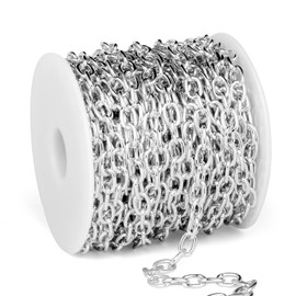 33 Feet Silver Rolo Cable Chains Roll, 5 MM Silver Plated Aluminium Oval Cable O Links Chain Bulk Spool for Jewelry Making DIY Craft