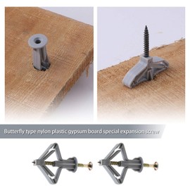 Be In Your Mind 100Pcs Plasterboard Butterfly Type Expansion Anchors & 100Pcs M8x50mm Screws, Gypsum Board Wall Rawl Plugs Fixings Grey