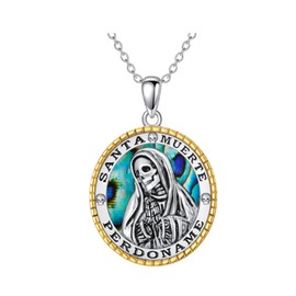 YAFEINI Santa Muerte Necklace 925 Sterling Silver Santa Muerte Abalone Shell Pendant Necklace Sugar Skulls Death Mexican Amulet Jewelry Gift for Women Men