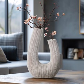 Torre & Tagus White U Shaped Vase for Flowers - 12 Inch Tall Textured Vases for Centerpieces with 2 Openings, Sculptures Home Decor & Abstract Sculptures Home Decor for Shelf Decor Aesthetic (Alma)