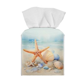 NETILGEN Facial Tissue Box Cover PU Leather Square Tissue Case Organizer for Vanity Countertop, Nightstand, Dinner Table Home Decoration, Starfish Seashell Painting