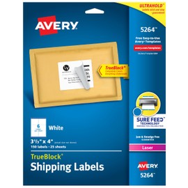 AVERY Avery Printable Shipping Labels with Sure Feed, 3-1/3" x 4", White, 150 Blank Mailing Labels (5264)