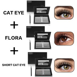【LIve Only】Cofier Glue-Free DIY Lash Kit Press on Lash No Glue Lash Self-Adhesive Eyelash Kit Individual Lashes Friendly Makeup Cosmetic Eyelashes with Tweezers 80/100 Pcs:_Natural Set (Cat Eye/Short Cat Eye/Flora)