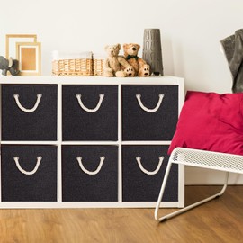 Geelin 6 Pcs Fabric Linen Storage Cubes with Handle 11 Inch Multi Colored Collapsible Storage Bins Organizer Box Organizer Collapsible Baskets for Clothes Books Sundries for Shelf(Black)