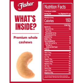 Fisher Snack Premium Whole Cashews, 24 Ounces, Roasted with Sea Salt, No Artificial Colors or Flavors, 100% Recyclable
