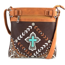 Zelris Turquoise Rhinestone Cross Chevron Women Conceal Carry Crossbody Messenger (Brown)