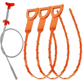 Drain Snake Hair Clog Remover – 20 Inch Plastic Sink Unclogger & Stainless Steel Claw - Drain Cleaner Tool for Kitchen, Bathroom, Tub Toilet Orange (3+1)
