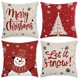 AgQrDkrc Christmas Pillow Covers 18x18 inch Christmas Decorations Snowman Xmas Tree Winter Holiday Decoration for Sofa Couch Set of 4