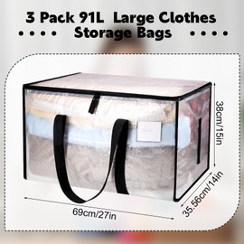 Yafe 3 Pack Large Clothes Storage Boxes with Lids, 91L Transparent Capacity Storage Bags Storage Organiser Moving Bags Packing Boxes for Moving House Clothes Bedding Duvet Toys Storage(91L)