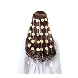 Golden Apple Boho Daisy Headpiece Sunflower Tassel Headbands Fairy Crown Floral Headdress Hippie Festival Party headwear for Women (White, L)