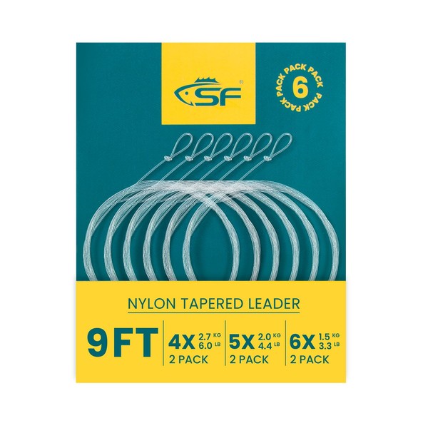 SF 6Pcs Pre-Tied Loop Fly Fishing Tapered Leader Nylon Fly