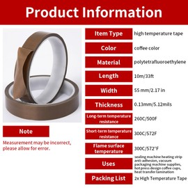 MOUMOUTEN 2 Rolls 55mm x 10m Brown High Temperature PTFE Tape Insulation Fabric Heat Insulation Vinyl Thermosublimation Press Tape for Vacuum Sealer Machine