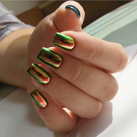 Metallic Green Rainbow Chrome Square Press on Nails Medium Short,KQueenest Mirror False Acrylic Nails Press Ons,Metallic Fake Nails,Colorful Glue on Nails,UV Cover Nails for Women in 24 PCS
