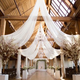 FUHSY Ceiling Drapes for Parties White Wedding Arch Drapes 6 Panels 5FTx10FT Chiffon Fabric Wedding Drapery Tulle Sheer Curtains Wedding Arch Decorations for Reception Tent Drapes for Canopy Events