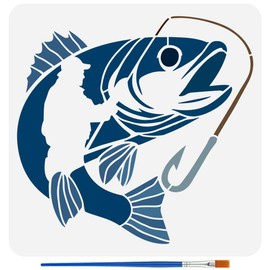 FINGERINSPIRE Fishing Patterns Stencil With 1Pc Plastic Brush 11.8x11.8 Inch Go Fishing Template Fish Pattern Drawing Stencil Human Theme Template for Painting on Wall Wood Furniture DIY Home Decor